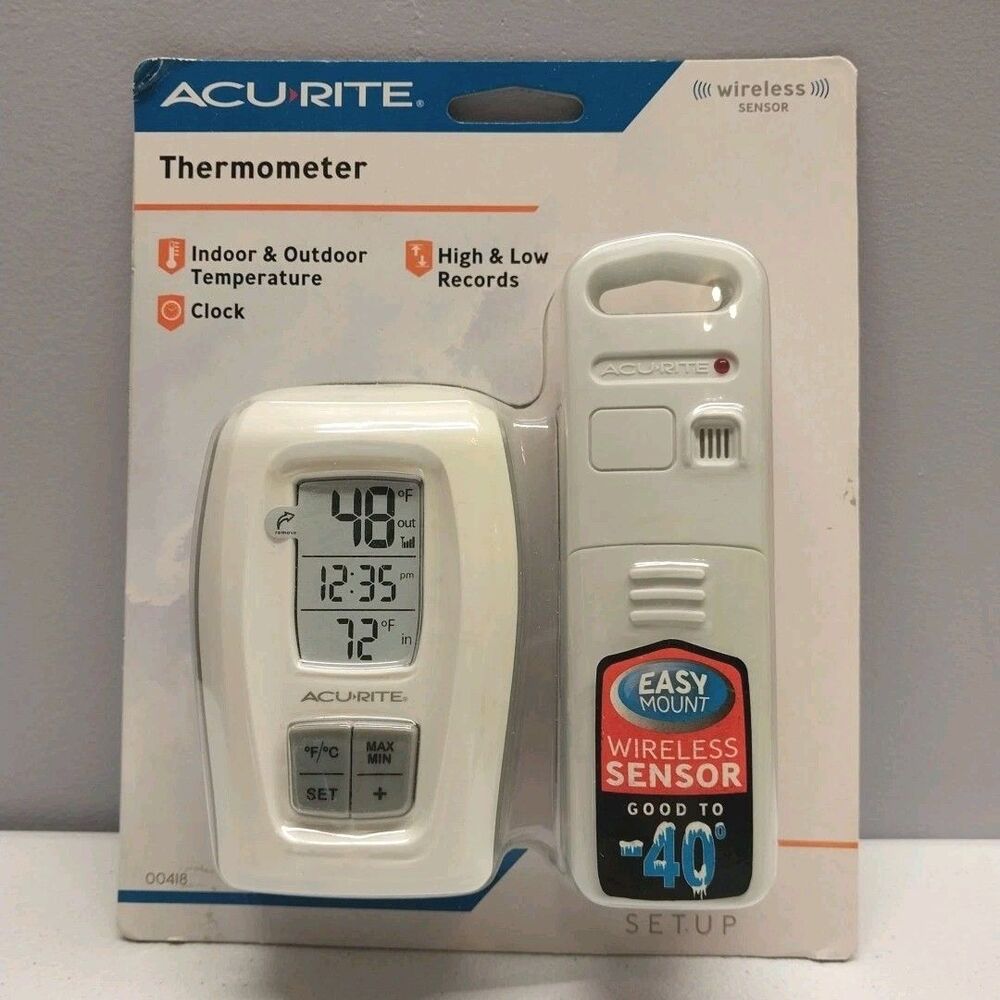 AcuRite Wireless Indoor Outdoor Thermometer w/ Sensor & Clock Max Min NEW
